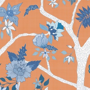 peony Branch Blue and White on Orange