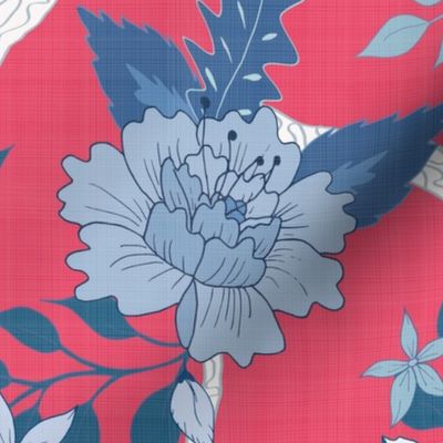 Peony Branch Mural- Blue & White on Cherry