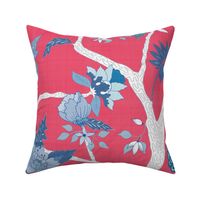 Peony Branch Mural- Blue & White on Cherry