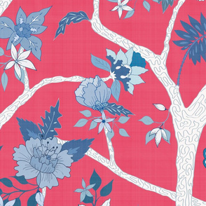 Peony Branch Mural- Blue & White on Cherry