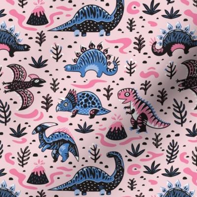 Pink and violet cartoon dinosaurs