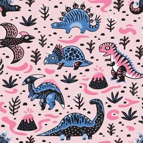 Pink and violet cartoon dinosaurs