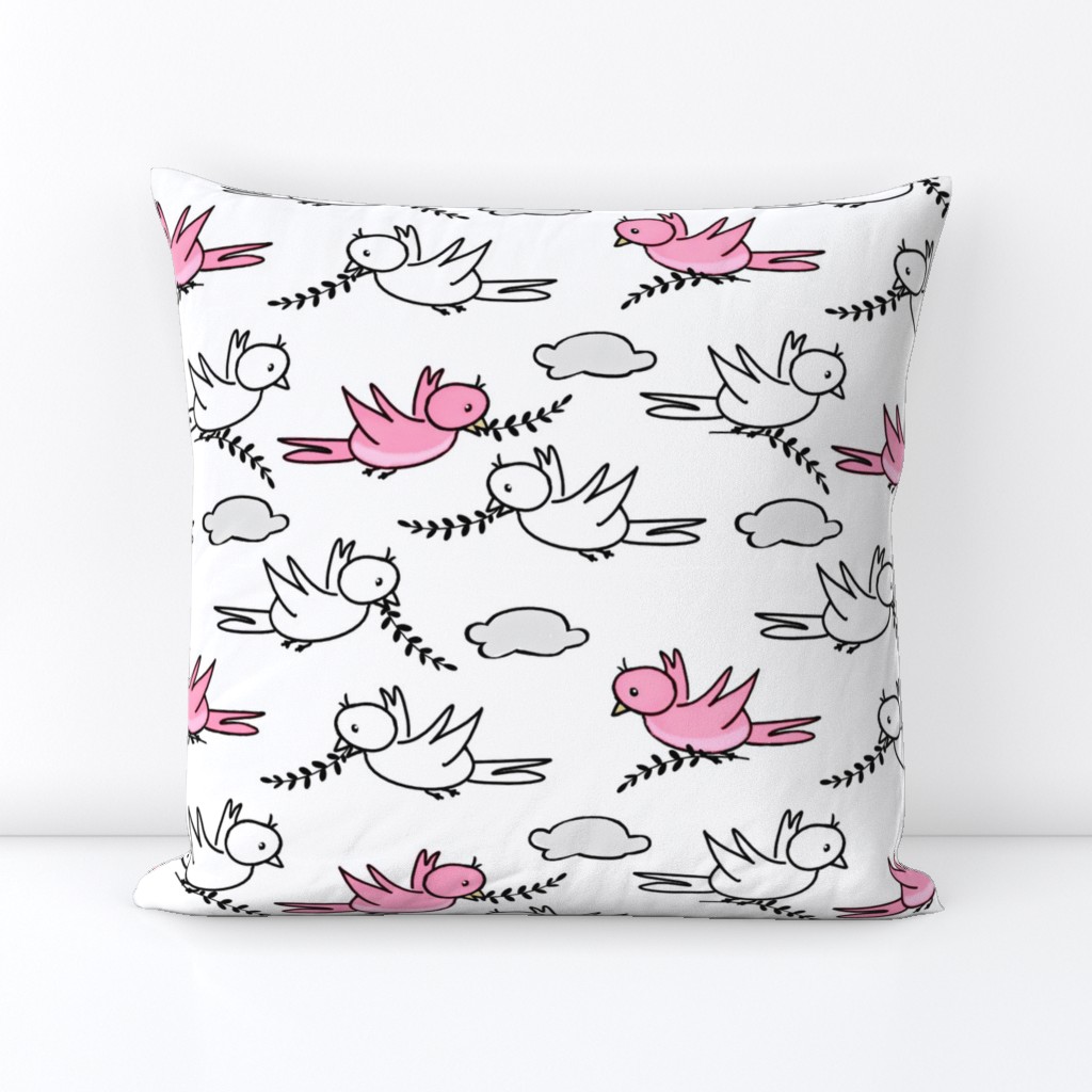 Wee Lil Nature Baby, Pink Birds - Pink White Gray  