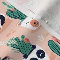 Small scale // Cacti and succulents cuddly pots // blush background navy white and terracota animal vessels green green sage cactus 