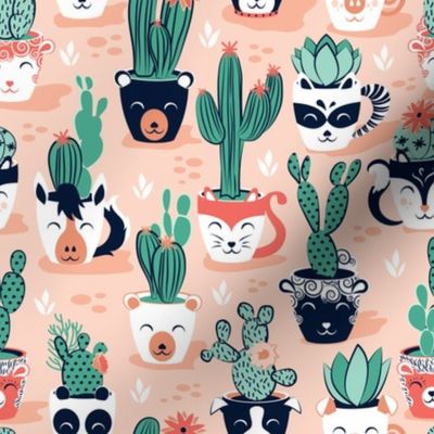 Small scale // Cacti and succulents cuddly pots // blush background navy white and terracota animal vessels green green sage cactus 