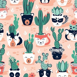 Small scale // Cacti and succulents cuddly pots // blush background navy white and terracota animal vessels green green sage cactus 