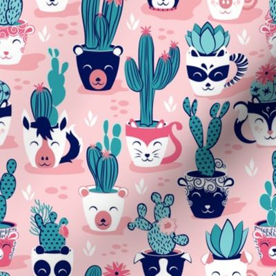 Small scale // Cacti and succulents cuddly pots // pink background navy white and rose animal vessels green teal cactus 