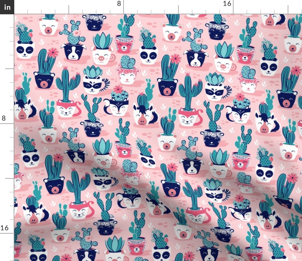 Small scale // Cacti and succulents cuddly pots // pink background navy white and rose animal vessels green teal cactus 