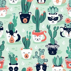 Small scale // Cacti and succulents cuddly pots // mint background navy white and terracota animal vessels green sage cactus 