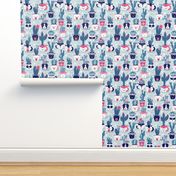 Small scale // Cacti and succulents cuddly pots // teal background navy white and pink animal vessels green teal cactus