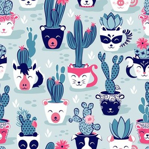 Small scale // Cacti and succulents cuddly pots // teal background navy white and pink animal vessels green teal cactus