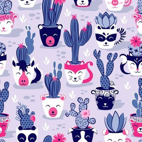  Small scale // Cacti and succulents cuddly pots // lavender background navy white and pink animal vessels violet cactus 