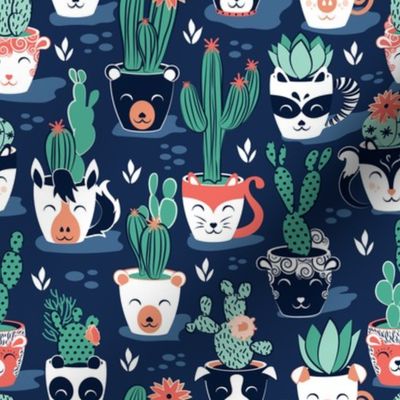 Small scale // Cacti and succulents cuddly pots // marine blue background navy white and terracota animal vessels green sage cactus 