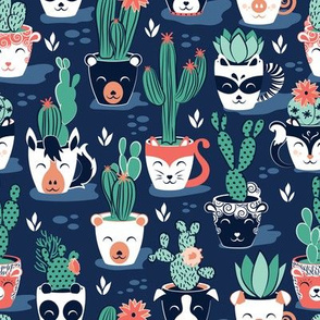 Small scale // Cacti and succulents cuddly pots // marine blue background navy white and terracota animal vessels green sage cactus 