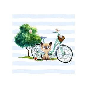 10" illustration inside a 14"x18" / Kitty with Bike Thick Blue Stripes