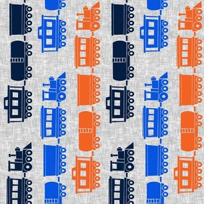 multi trains - blue &  orange on grey linen (90) C18BS