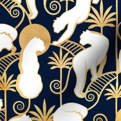 Normal scale // Deco Panthers Garden // navy background white and gold big cats