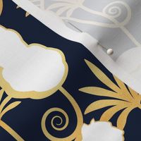 Normal scale // Deco Panthers Garden // navy background white and gold big cats