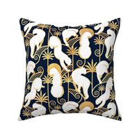 Normal scale // Deco Panthers Garden // navy background white and gold big cats