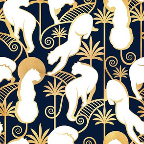 Normal scale // Deco Panthers Garden // navy background white and gold big cats