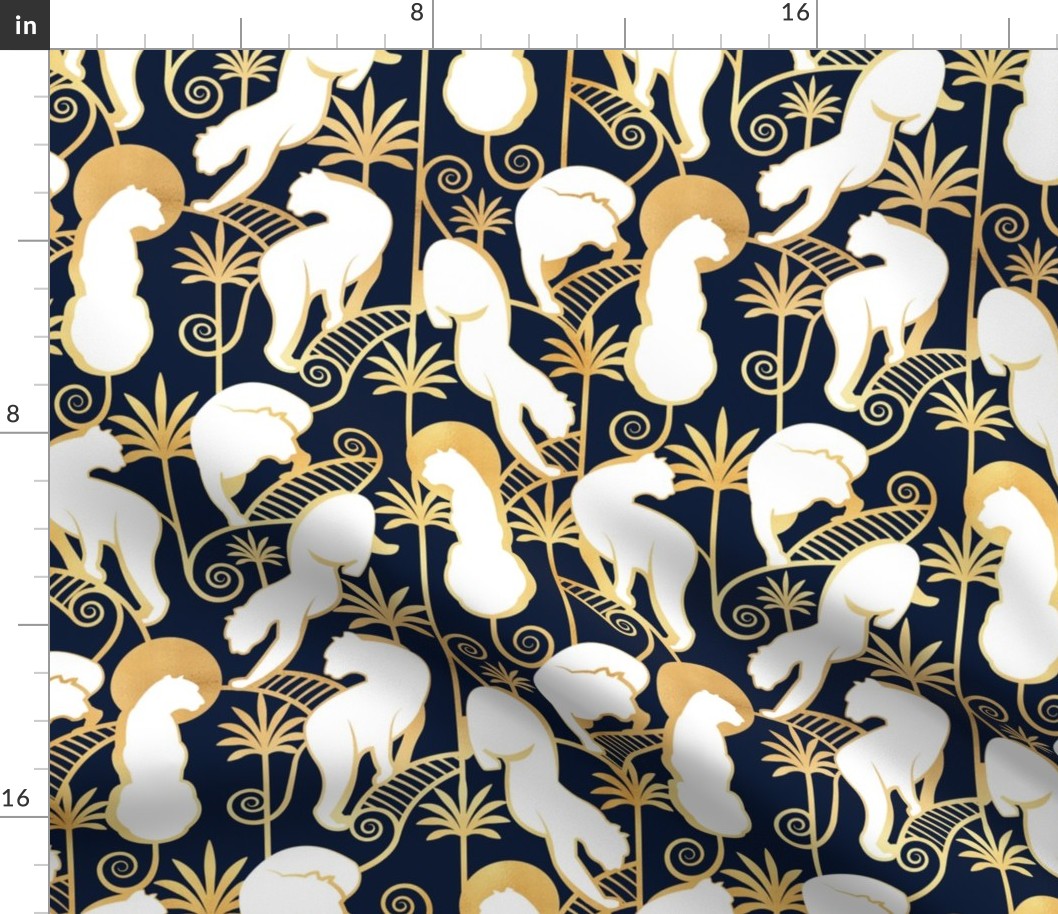 Normal scale // Deco Panthers Garden // navy background white and gold big cats