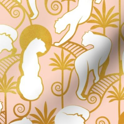 Normal scale // Deco Panthers Garden // salmon pink background white and gold big cats