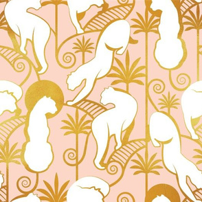 Normal scale // Deco Panthers Garden // salmon pink background white and gold big cats