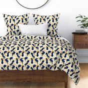 Normal scale // Deco Panthers Garden // white background navy and gold big cats