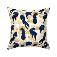 Normal scale // Deco Panthers Garden // white background navy and gold big cats