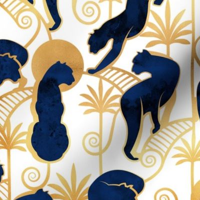 Normal scale // Deco Panthers Garden // white background navy and gold big cats