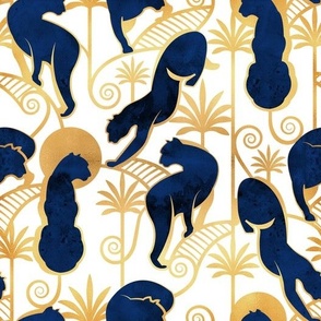 Normal scale // Deco Panthers Garden // white background navy and gold big cats