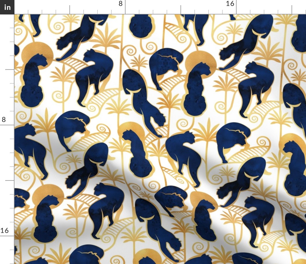 Normal scale // Deco Panthers Garden // white background navy and gold big cats