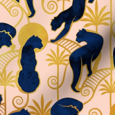 Normal scale // Deco Panthers Garden // salmon pink background navy and gold big cats