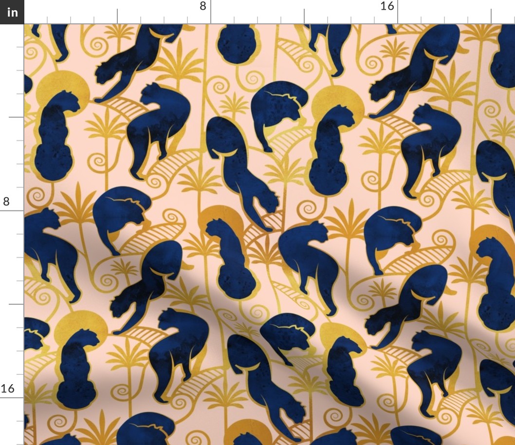 Normal scale // Deco Panthers Garden // salmon pink background navy and gold big cats