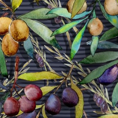 PROVENCE OLIVES WATERCOLOR  INDIGO striped