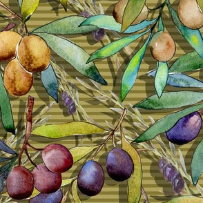 PROVENCE OLIVES WATERCOLOR  MUSTARD STRIPED