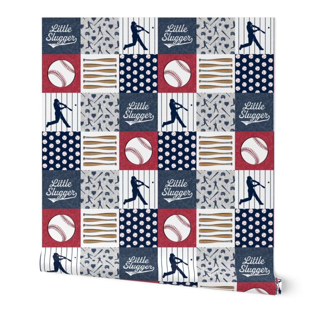 Little Slugger Baseball Patchwork fabric - red blue pin stripes