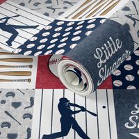 Little Slugger Baseball Patchwork fabric - red blue pin stripes