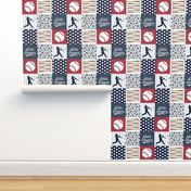 Little Slugger Baseball Patchwork fabric - red blue pin stripes