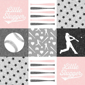 little slugger - pink and grey baseball patchwork wholecloth 