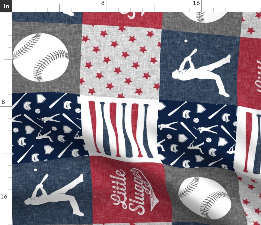 Little Slugger - red and blue baseball patchwork wholecloth (90)