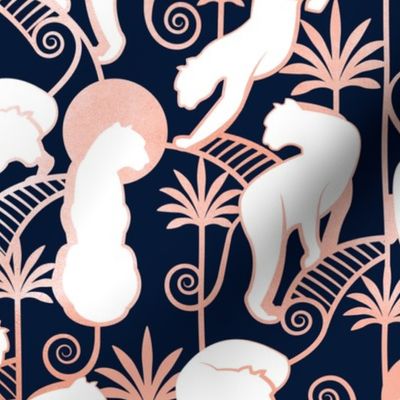 Normal scale // Deco Panthers Garden // navy background white and metal rose big cats