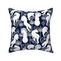 Normal scale // Deco Panthers Garden // navy background white and silver big cats