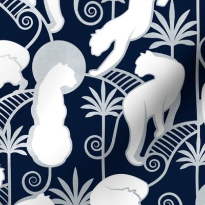 Normal scale // Deco Panthers Garden // navy background white and silver big cats