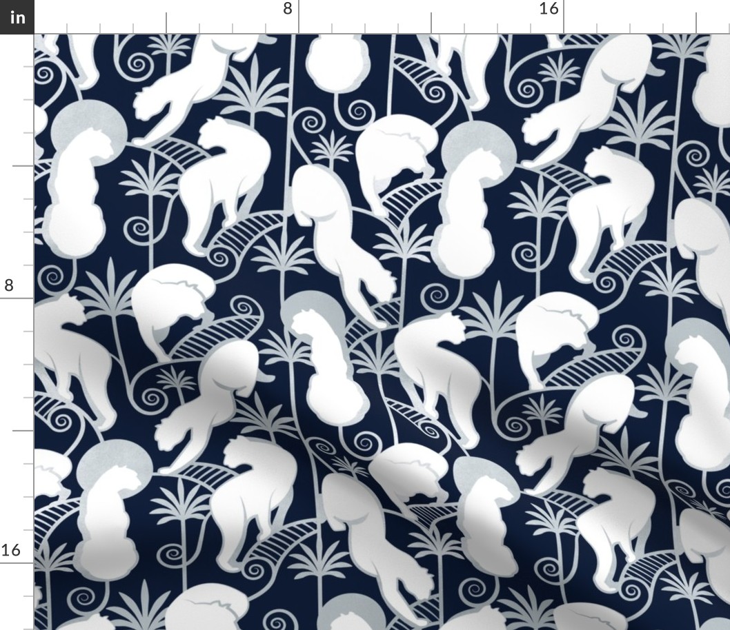 Normal scale // Deco Panthers Garden // navy background white and silver big cats