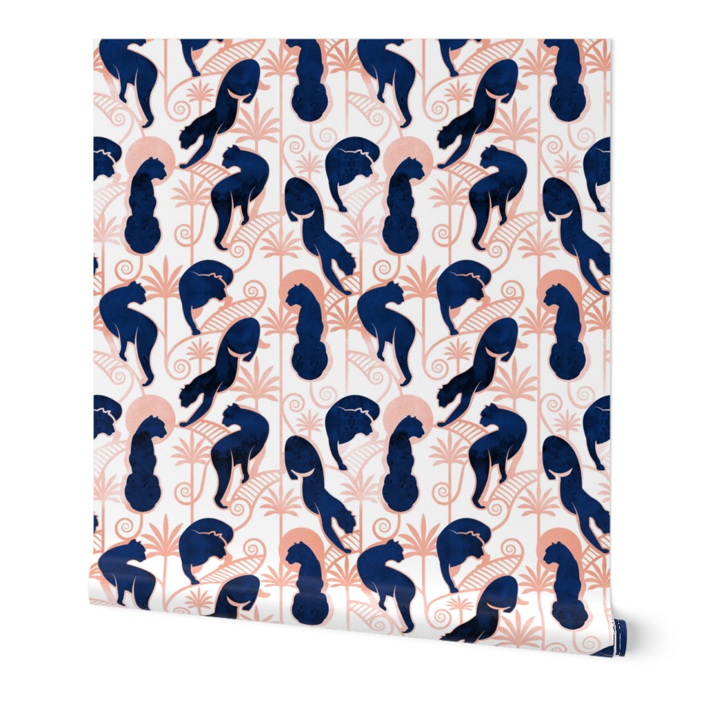 Normal scale // Deco Panthers Garden // white background navy and metal rose big cats