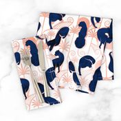 Normal scale // Deco Panthers Garden // white background navy and metal rose big cats