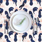 Normal scale // Deco Panthers Garden // white background navy and metal rose big cats