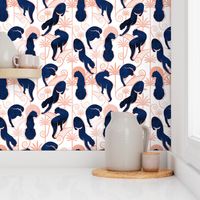 Normal scale // Deco Panthers Garden // white background navy and metal rose big cats