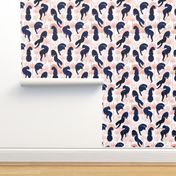 Normal scale // Deco Panthers Garden // white background navy and metal rose big cats